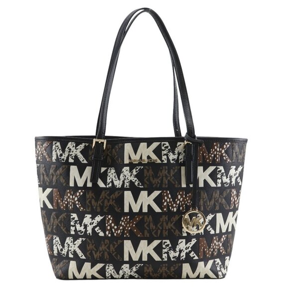 Michael Kors Jet set travel Tote Bag 35F1GTVT2L graphic logo black PVC Women - Picture 1 of 12